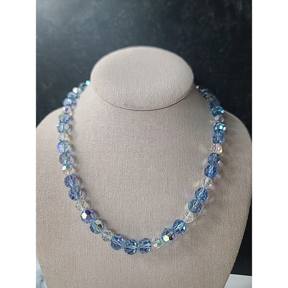 Aurora Borealis Crystal Blue And Clear Adjustable Beaded Necklace Vintage - Picture 3 of 10